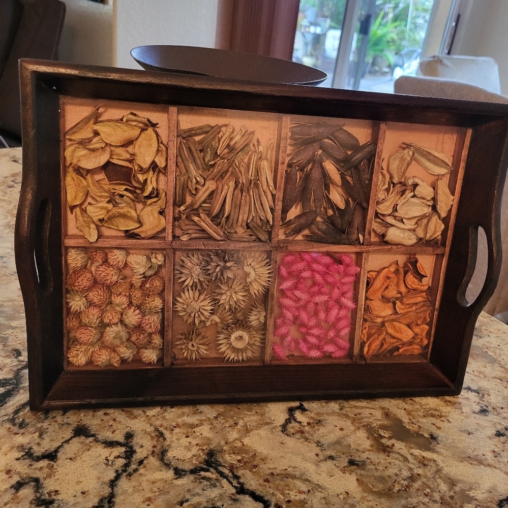 Decorative Wooden Tray with Dried Botanicals